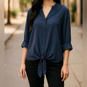 Apt. 9 Blue Blouse with rollup style sleeve and Tie Front size Medium